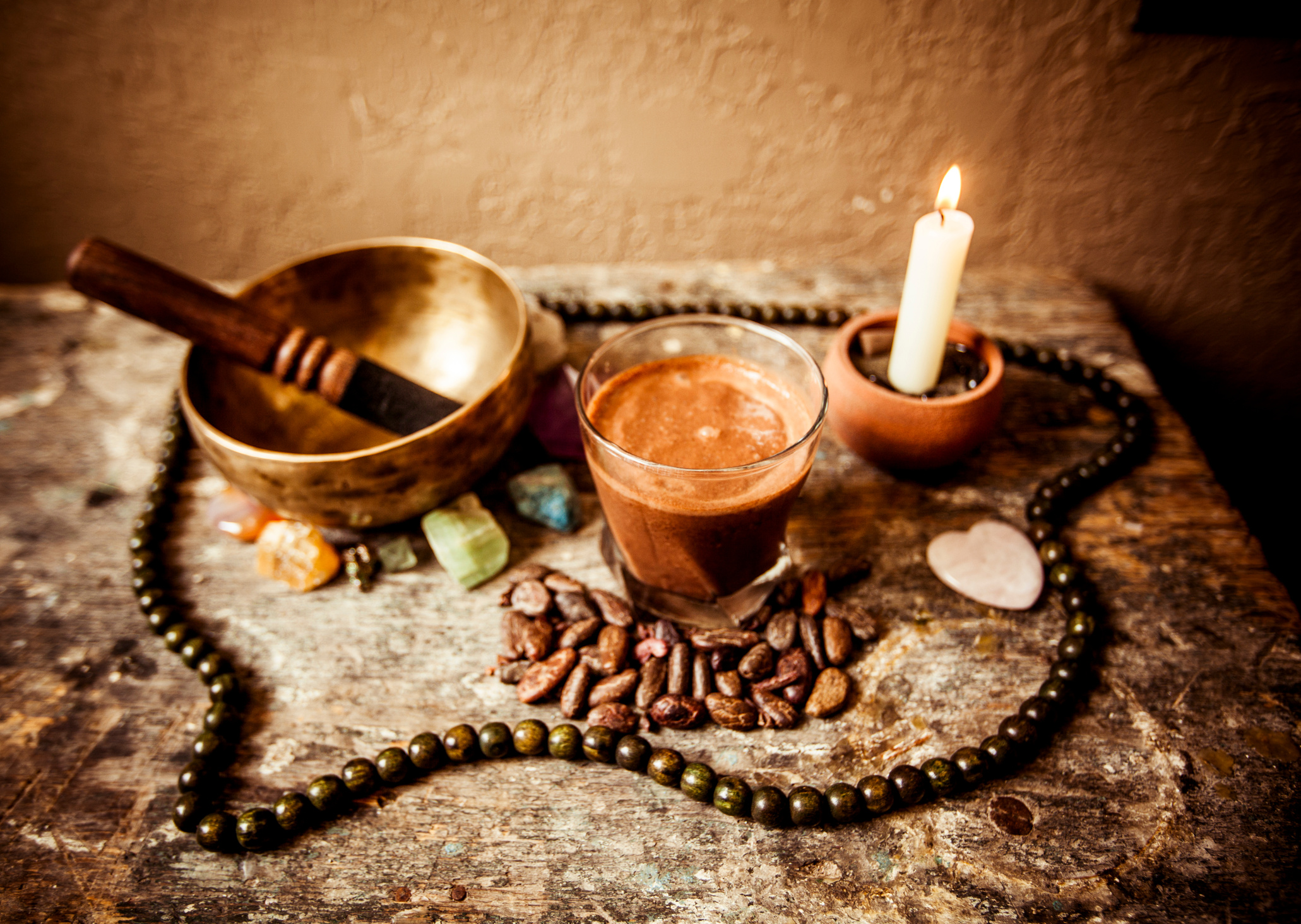 Cacao Beverage, Tibetan Singing Bowl and Gemstones
