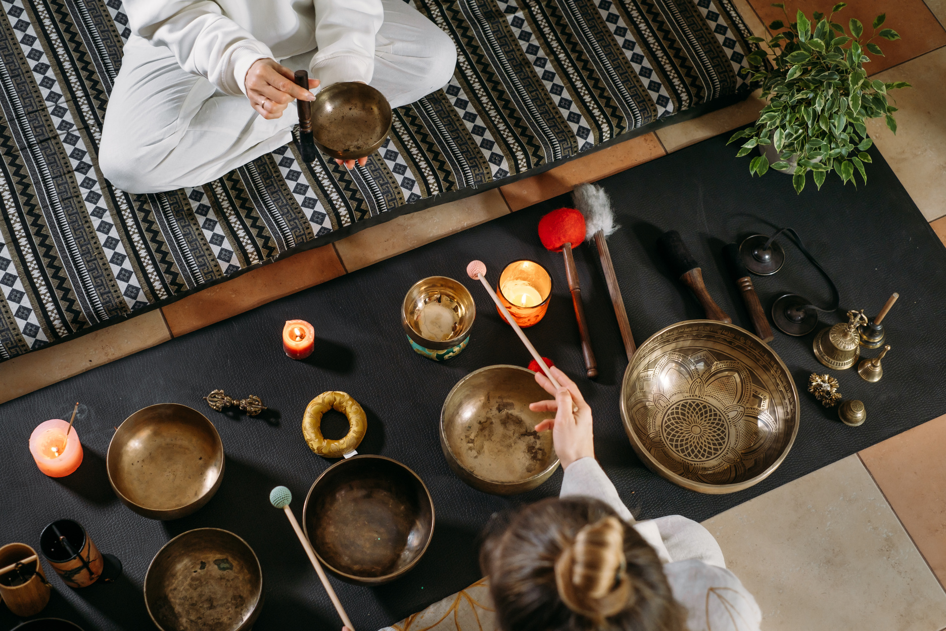 Singing Bowls Top View, Sound Healing Alternative . Overhead View